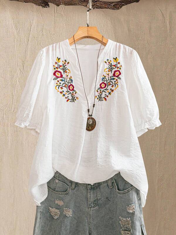 Linhara Blusa con cuello y mangas abullonadas con patrón floral bordado para mujer de talla grande