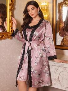 LuxeNights Floral Print Plus Size Loungewear Set Including Robe And Pajama