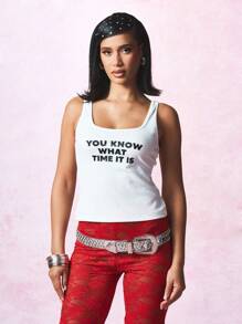 SUMWON WOMEN Sleeveless Tank Top With Statement Typography Print Summer Casual Street Style Crop Top