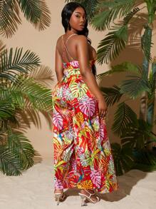 SHEIN SXY Mono fluido de talla grande para mujer con tema de vacaciones, nuevo para primavera/verano 2025, con estampado floral tropical, tiras finas elásticas, abertura alta en la pierna, ideal para la playa, baile swing, citas, cumpleaños, despedida de soltera, look lindo e informal, fácil de combinar, estiliza la figura - Multicolor - Ver 2