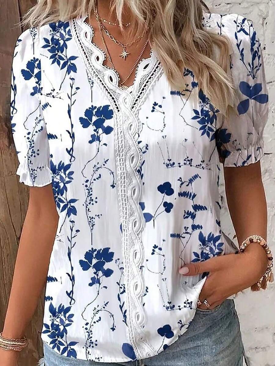 SHEIN LUNE 女士休闲花卉印花荷叶边短袖衬衫 - 藍白色 - 查看 1
