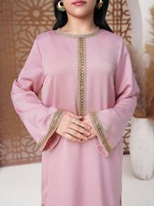 2pcs/Set Teen Girl Patchwork Rib-Trim Crew Neck Long Sleeve Top And Pants Set - Black - View 6