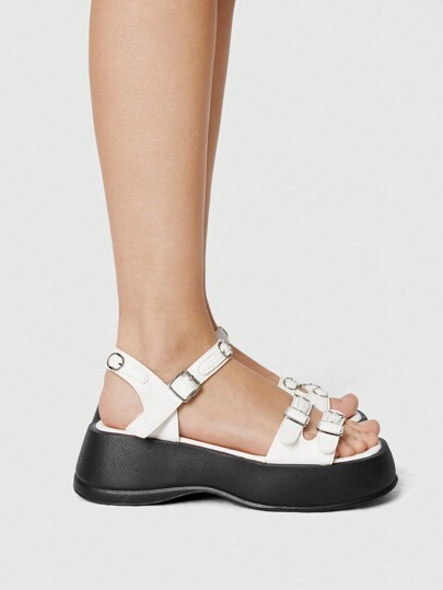 Grunge Punk Sandalias de plataforma con cuña y punta abierta, con correa y hebilla, de estilo gótico oscuro y punk para mujer