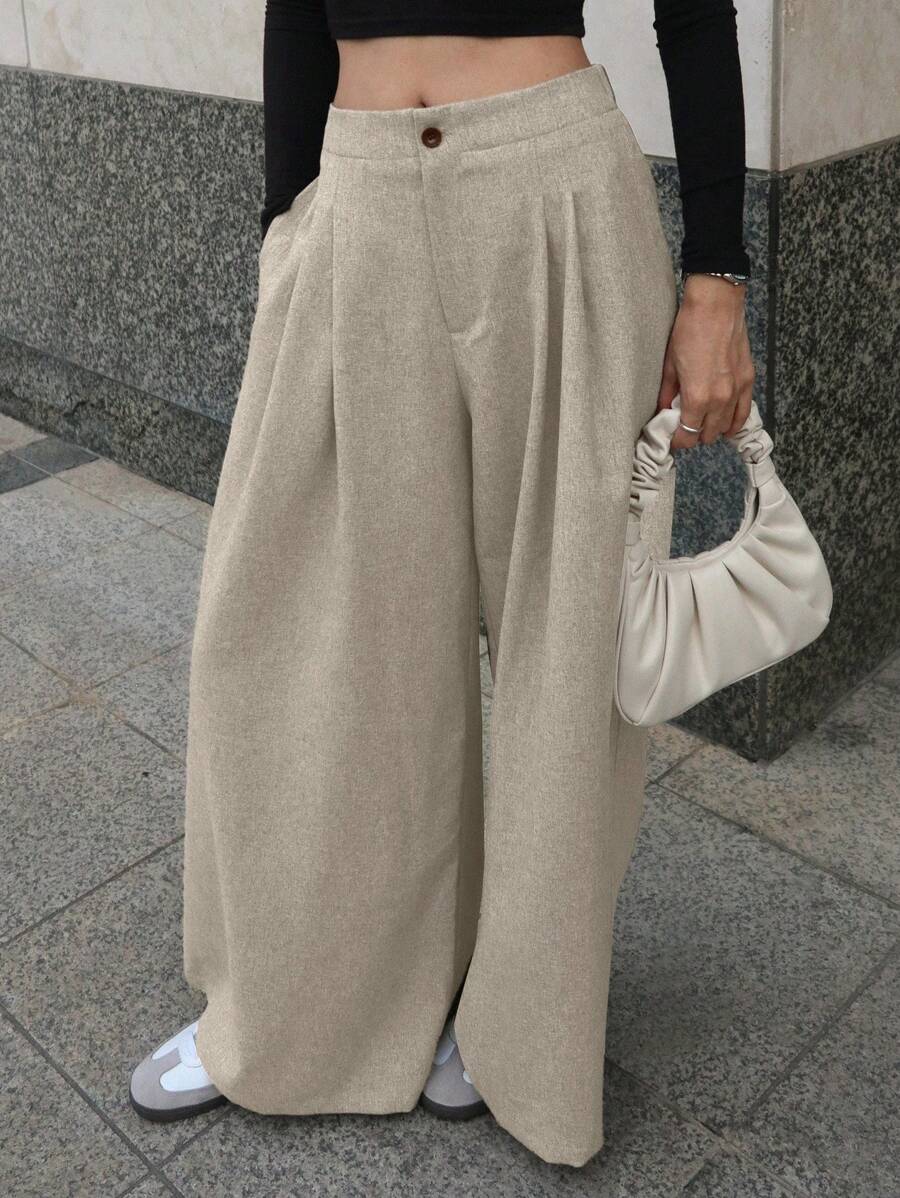 DAZY 女士宽松纯色阔腿裤，带口袋，松紧腰，春季休闲长裤 - 杏色 - 查看 1