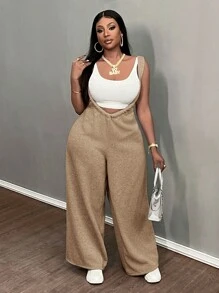 Slaydiva Plus Size Khaki Solid Color Elastic Waist Wide Leg Casual Palazzo Pants,Flowy Pants
