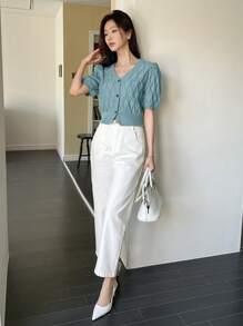 DAZY Women Casual Solid Color Puff Sleeve Button Front Knitted Top