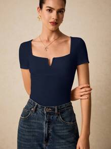 Poéselle 女士夏季纯色修身短袖 T 恤，缺口领口，带胸罩杯 T 恤，婚礼端庄优雅毕业办公装街头装挤奶女工性感女式上衣夏季 T 恤旧款 - 藏蓝色 - 查看 4