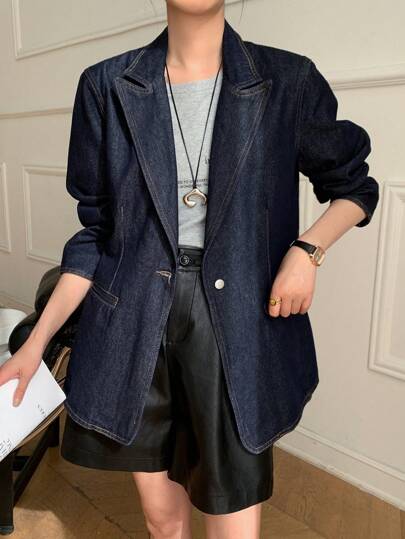 DAZY 女士蓝色牛仔翻领夹克，适合通勤、秋季服装
