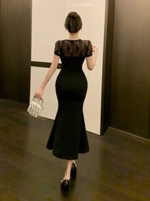 DAZY Váy cocktail midi xẻ tà xẻ cao bằng ren mỏng chắp vá cho nữ, thích hợp cho buổi tối hẹn hò, dạ hội, thanh lịch - màu đen - Xem 5