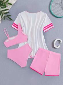 SHEIN 4pcs Tween Girl Colorblock Patchwork Simple Casual Swimwear (Printed Placement) Summer Holiday - Pink - View 2