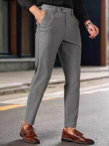 Manfinity Mode Pantalones casuales de corte recto y cómodo con bolsillo con solapa para hombres, ideales para ir al trabajo