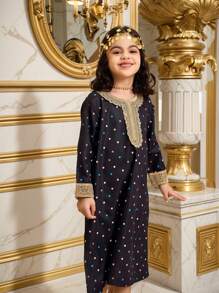 Young Girls ' Ramadan Long Sleeve Dress, Round Neck Gold Lace Colorful Polka Dot Print Long Robe - Black - View 4