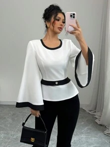 Selianne 女士撞色拼接圆领休闲衬衫，时尚日常穿着