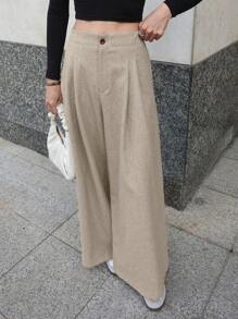 DAZY 女士宽松纯色阔腿裤，带口袋，松紧腰，春季休闲长裤 - 杏色 - 查看 3