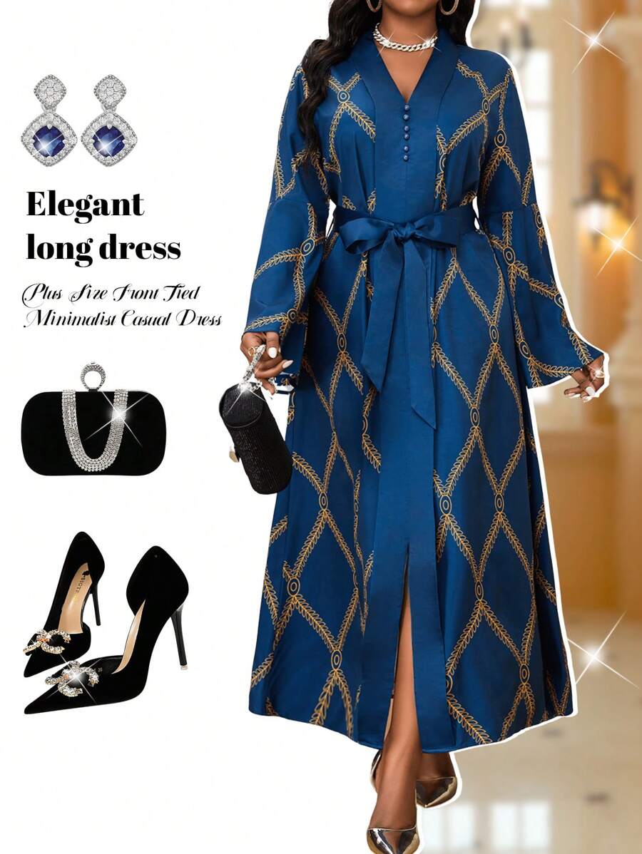 Fleurora 大码前系带长袖全印花简约休闲连衣裙，日常穿着