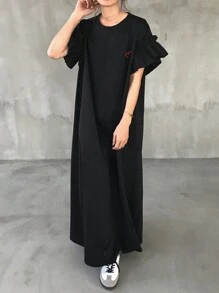 FRIFUL Women Oversize Black Long Dress With Ruffle Hem & Heart Embroidery, Casual Summer Outfit Sundress
