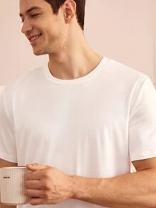 Solid White Short Sleeve Top And Striped Print Sleep Pants Men's Pajama Set - Multicolor - View 4