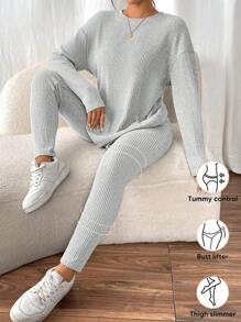 SHEIN Frenchy Women's Casual Solid Color Long Sleeve Top & Long Pants Set - Grey - View 1