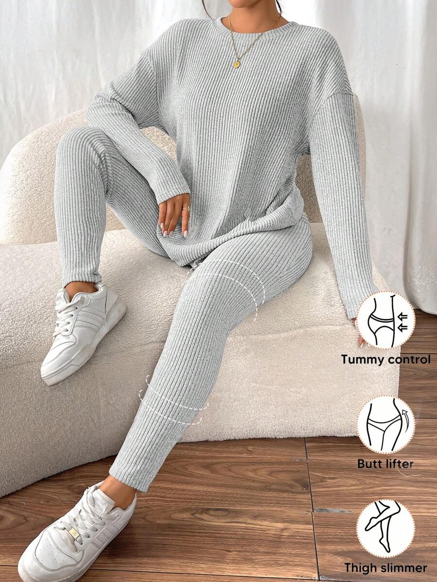 SHEIN Frenchy Women's Casual Solid Color Long Sleeve Top & Long Pants Set - Grey - View 1