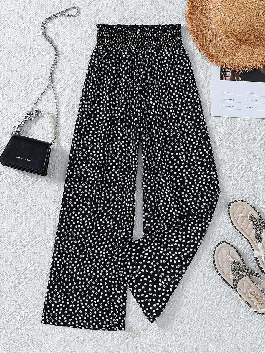 Sparklyn Tween Girl Beach Vacation Casual Lightweight Ditsy Floral Elastic Waist Loose Pants,Holiday,Summer,Travel - Black - View 1