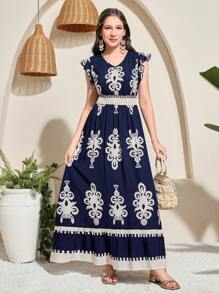 SHEIN Teen Girls Navy Blue Ruffle Sleeve A-Line Vacation Dress - Navy Blue - View 4