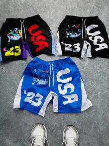 Manfinity EMRG 3pcs Men Graffiti Pattern Digital Print Patchwork Shorts Set ,Men's Young Street Style Oversized Number English Starry Sky Graffiti Color-Block Shorts Three-Piece Set.