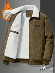 Manfinity Homme Loose Fit Men's Long Sleeve Corduroy Letter Patched Thermal Lined Jacket, Fall Winter - Brown - View 3