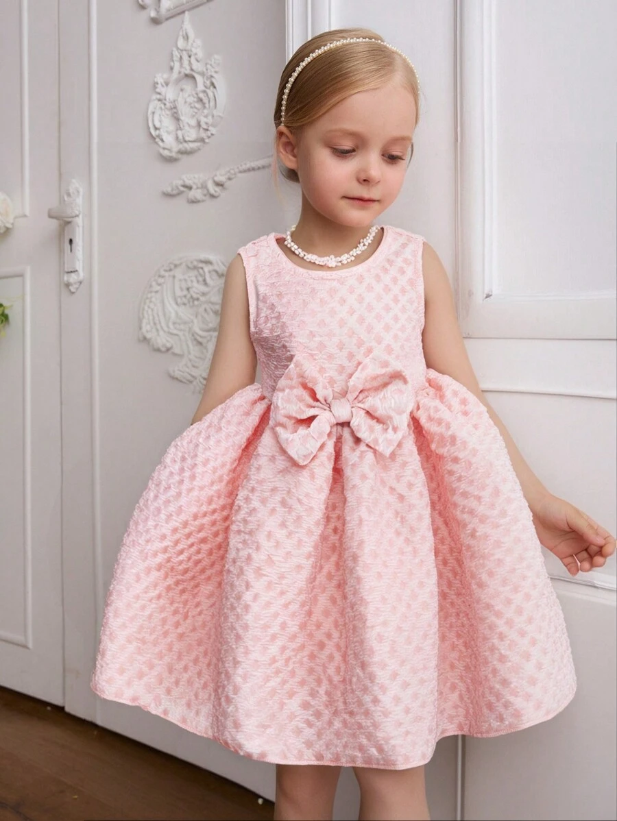 女童斋月优雅提花菱形图案连衣裙，可爱蝴蝶结点缀，简约时尚可爱公主裙，适合女童日常聚会和休闲装，春夏 - 粉色 - 查看 1