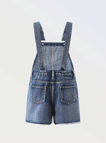 Tween Girl Street-Style Casual Y2K Denim Dungaree Shorts With Ripped Design For Campus, Summer Fashion, Versatile Daily Wear, Spring/Summer 2025 New Arrival