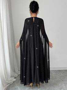 Calvaya Women's Holiday Gathering Party Banquet Solid Chiffon Sequin Cape Dress Black Round Neck Metal Button Decoration Long Slim Elegant Dress Women's Dress