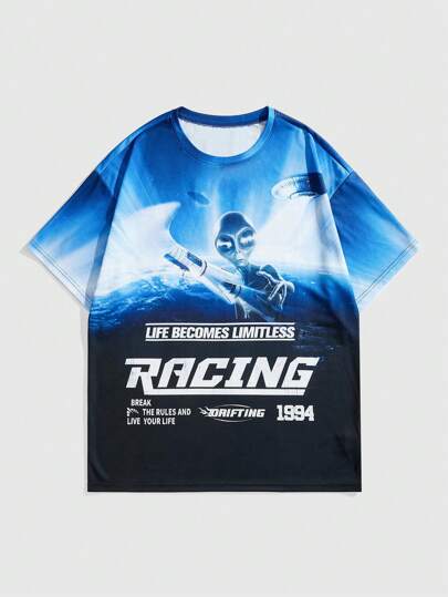 ROMWE Avant Camiseta de manga corta y cuello redondo con estampado de letras para hombre, uso casual diario