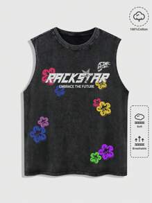 ROMWE MEN Street Life Camiseta de tirantes con estampado de flores y letras, desgastada y lavada a la nieve para hombre - Negro - Ver 1