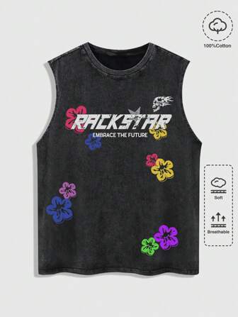 Street Life Men's Flower & Letter Print Distressed Snow Wash Tank Top