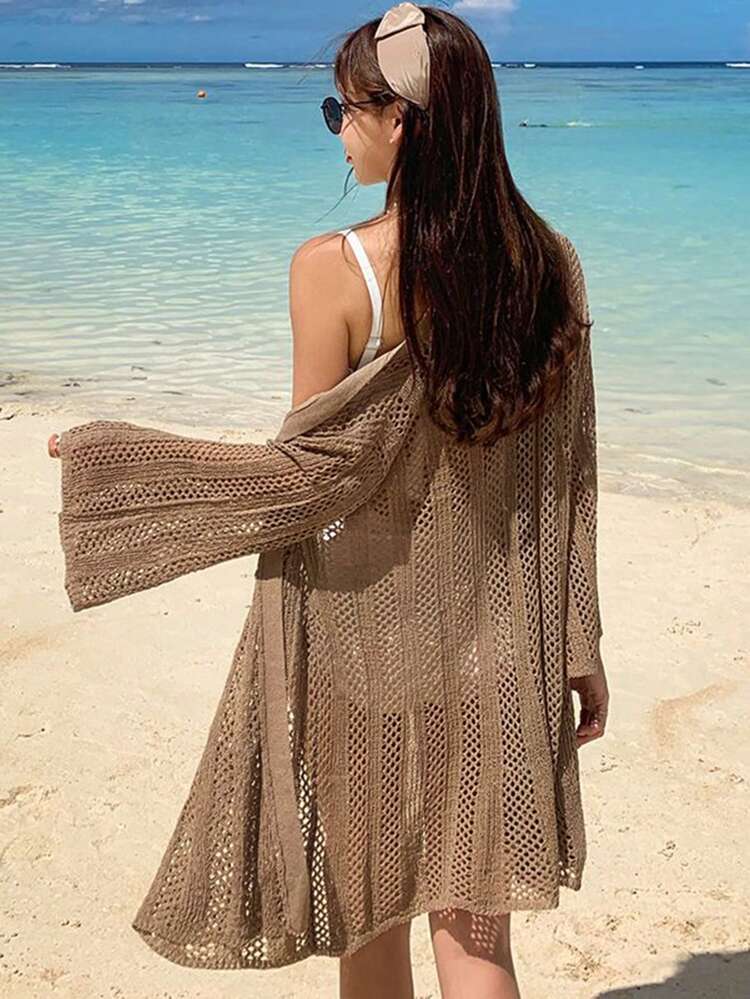 Women's Solid Color Crochet Knit Cardigan, Vacation & Beach