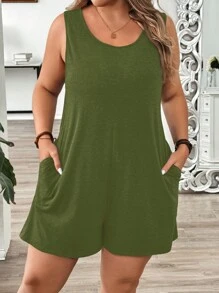 EMERY ROSE Macacão Plus Size sem mangas casual cor sólida - Verde de Exercício - Ver 1