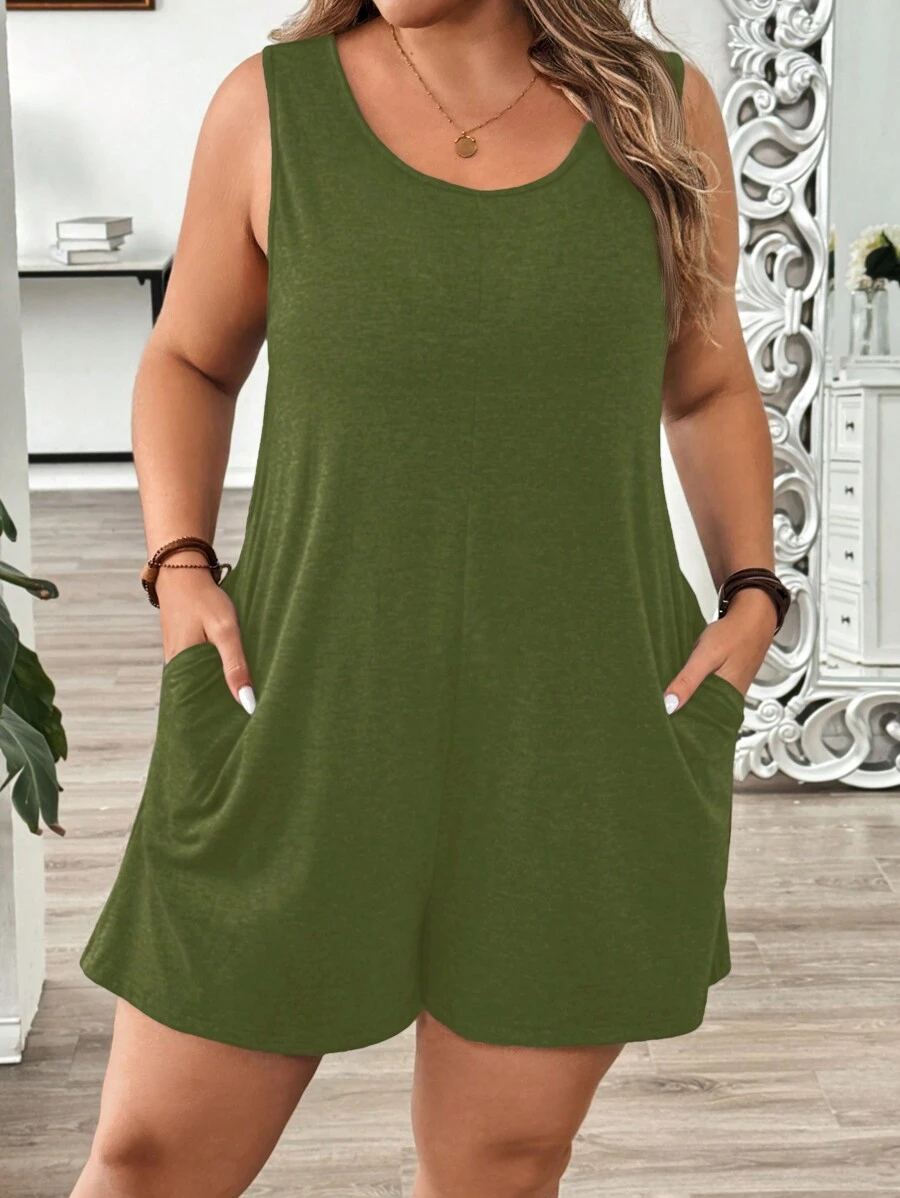 EMERY ROSE Macacão Plus Size sem mangas casual cor sólida - Verde de Exercício - Ver 1