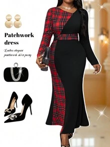 Fleurora Plus Size Women's Business Professional Black & Red Color Block Geometric Pattern Slim Waist Mermaid Dress