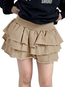 DAZY Falda-pantalón corta de mujer de estilo pastel de unicolor, multicapa, con volantes, para primavera/verano - Camel - Ver 3