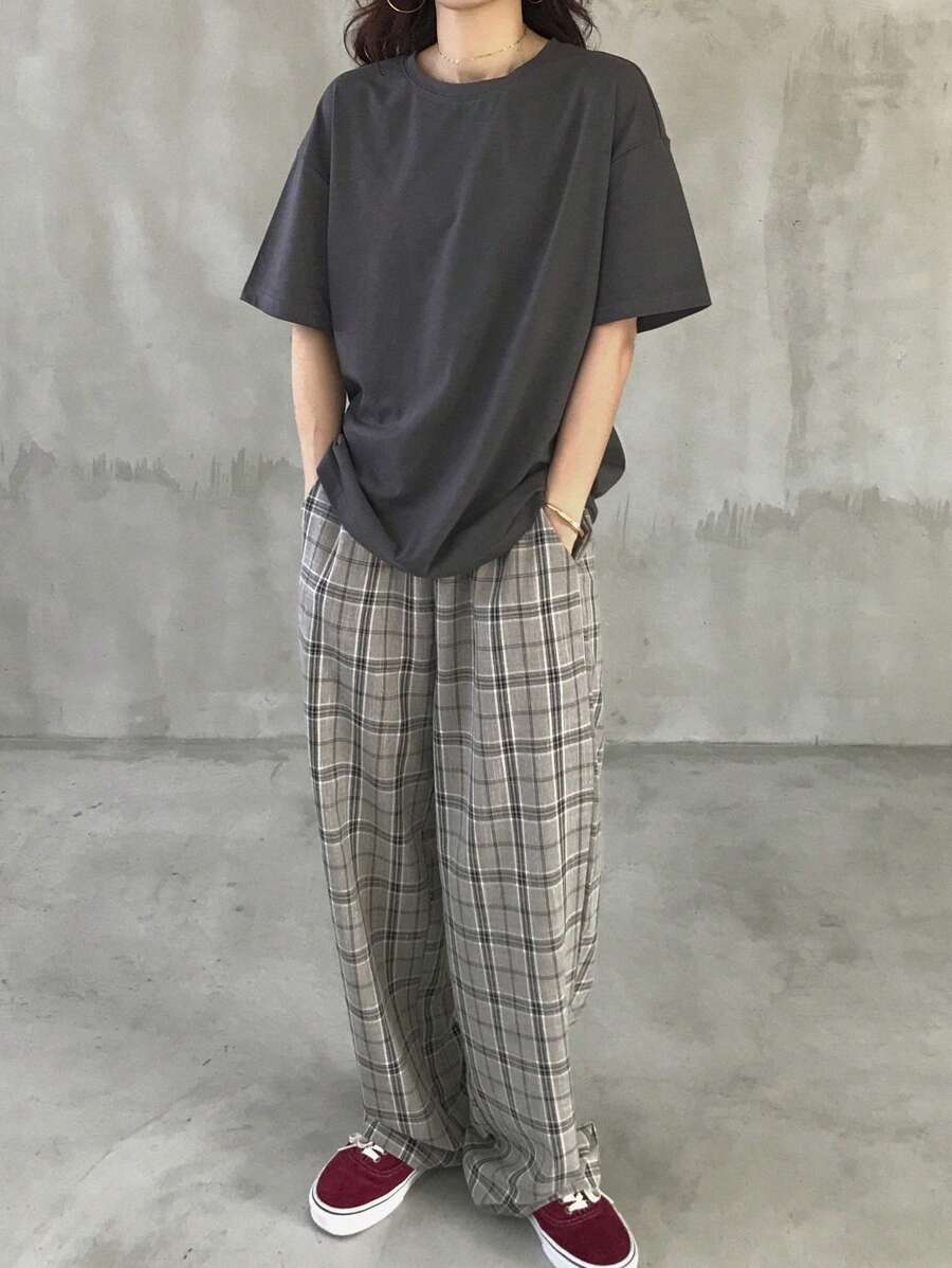 FRIFUL 女士夏季休闲两件套:灰色基础款T恤和格子长裤家居服套装,女士短款套装 - 灰色 - 查看 1