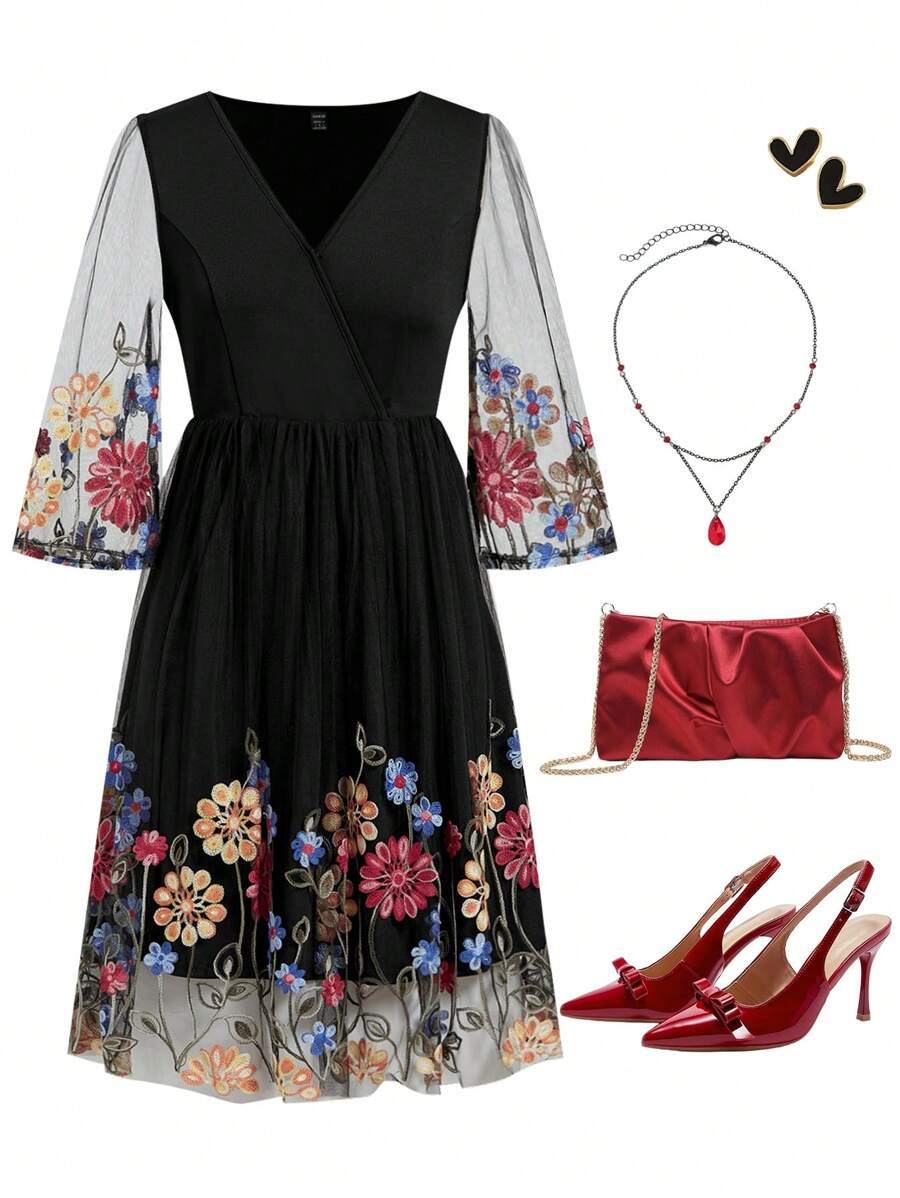 Ellevyn Robe mi-longue élégante pour femmes avec corsage noir, patchwork floral en maille et broderie en forme de ligne A