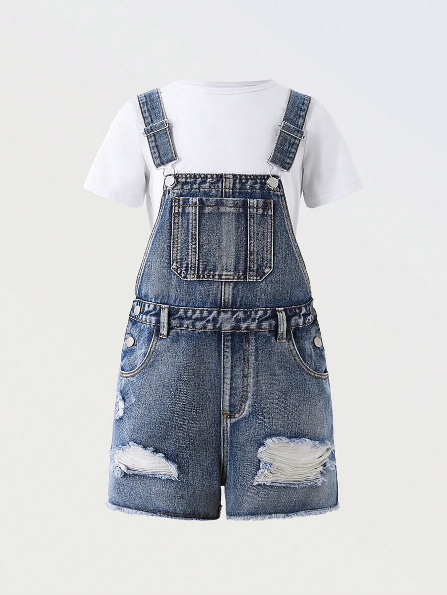 Tween Girl Street-Style Casual Y2K Denim Dungaree Shorts With Ripped Design For Campus, Summer Fashion, Versatile Daily Wear, Spring/Summer 2025 New Arrival