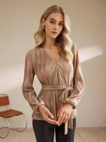 SHEIN Clasi Blusa informal de mujer de unicolor con cuello en V y manga larga
