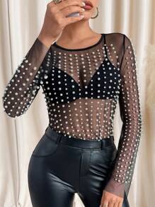 SHEIN Clasi Women's Mesh Pearl See-Through Blouse, Fashionable & Sexy For Valentine's Day Festival - Black - View 7