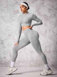SHEIN Sport Studio Seamless Zipper Front Long Sleeve 3/4 Leggings / Yoga / Sports / High Waist Figure Shapingwomen Workout Set