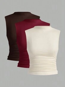 SHEIN Essnce 3pcs Pleated Sleeveless Tops, Women's Flat Collar Sleeveless Casual Tank Tops Great Value 3 Packs, Summer