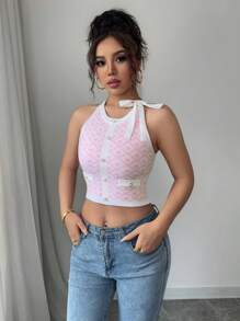 SHEIN Unity قمصان عنق طاقم بلا أكمام بلون متباين بأسلوب فرنسي جديد رقيق وحلو للنساء، مناسبة للربيع/الصيف - وردي - مشاهدة 6