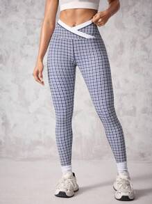 SHEIN Sport Studio Women's Asymmetrical Waistband Plaid Casual Gym Sports Leggings