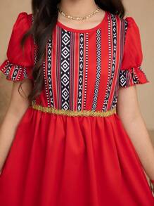 1pc Tween Girls' Red Retro Print Patchwork Cinched Waist Bubble Sleeve Spring/Summer Vacation Dress - Red - View 4