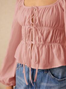 Poéselle 女士纯色前褶系带灯笼袖休闲时尚衬衫 - 粉色 - 查看 4