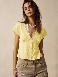 Bohemela 度假蕾丝拼布女式衬衫 - 芥末黃 - 查看 6